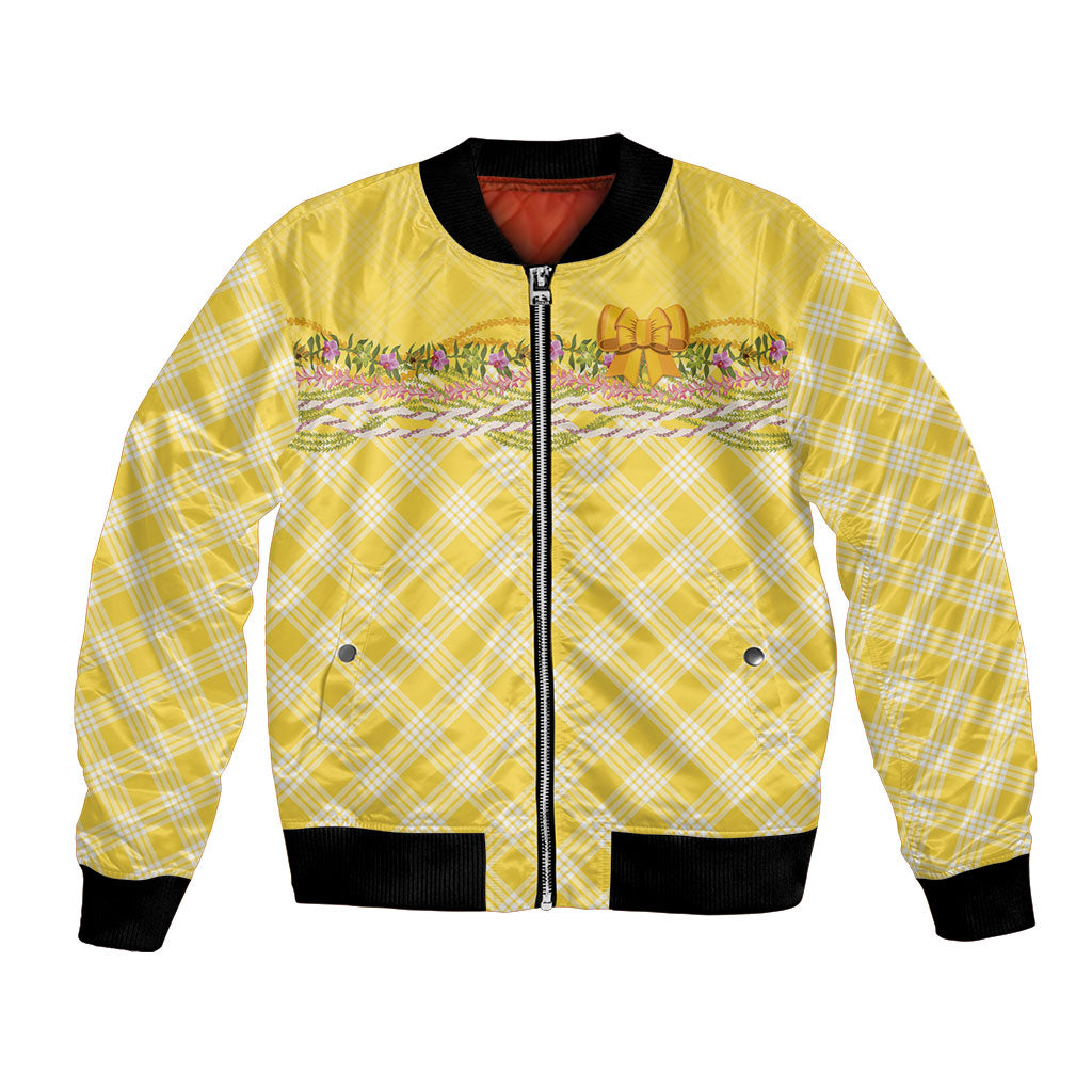 Hawaii Palaka Pikake Lokelani Plumeria Bomber Jacket Melemele Coquette Bow LT01 Unisex Yellow - Polynesian Pride