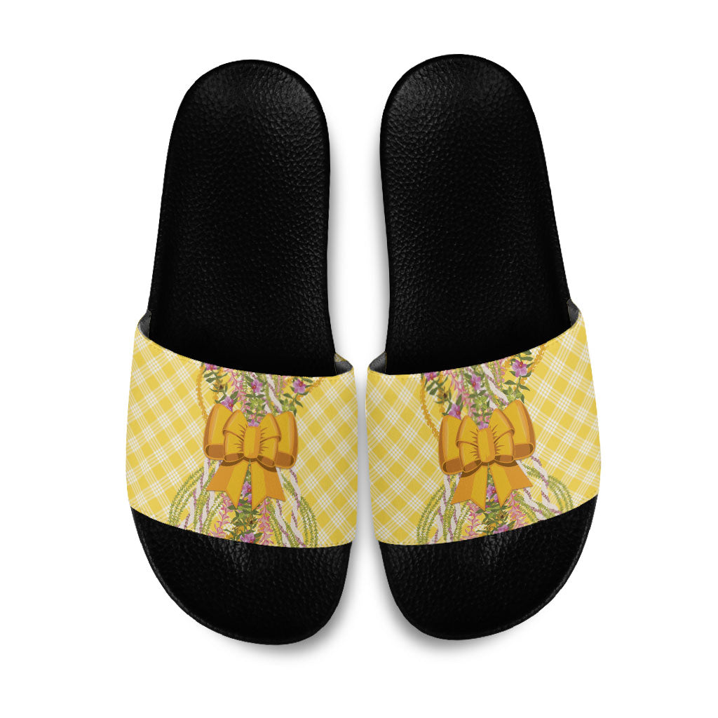 Hawaii Palaka Pikake Lokelani Plumeria Slide Sandals Melemele Coquette Bow LT01 Yellow - Polynesian Pride