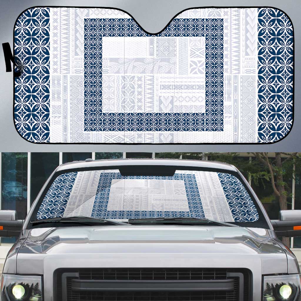 Samoa Siapo Blue Trimmed Auto Sun Shade Samoa White Sunday LT01 Blue - Polynesian Pride