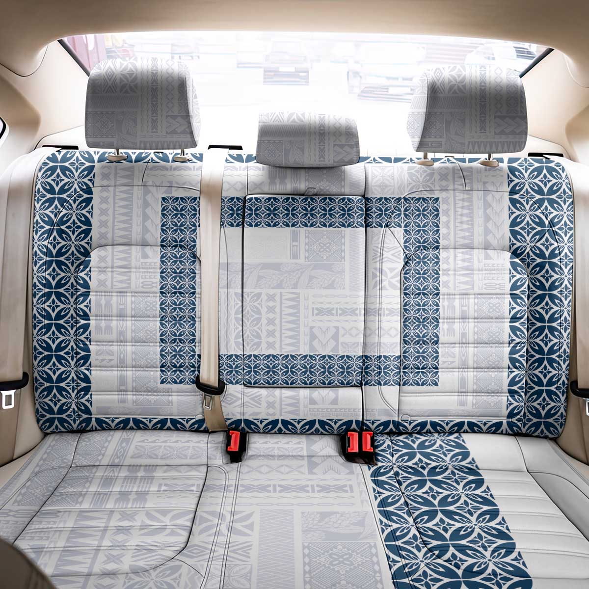Samoa Siapo Blue Trimmed Back Car Seat Cover Samoa White Sunday LT01 - Polynesian Pride