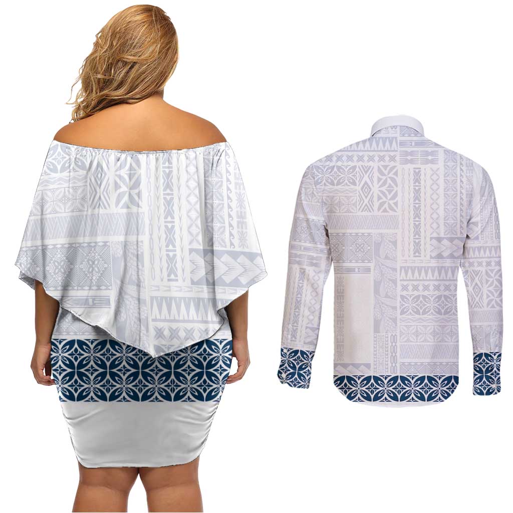 Samoa Siapo Blue Trimmed Couples Matching Off Shoulder Short Dress and Long Sleeve Button Shirt Samoa White Sunday LT01 - Polynesian Pride