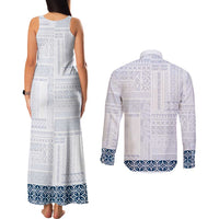 Samoa Siapo Blue Trimmed Couples Matching Tank Maxi Dress and Long Sleeve Button Shirt Samoa White Sunday LT01 - Polynesian Pride