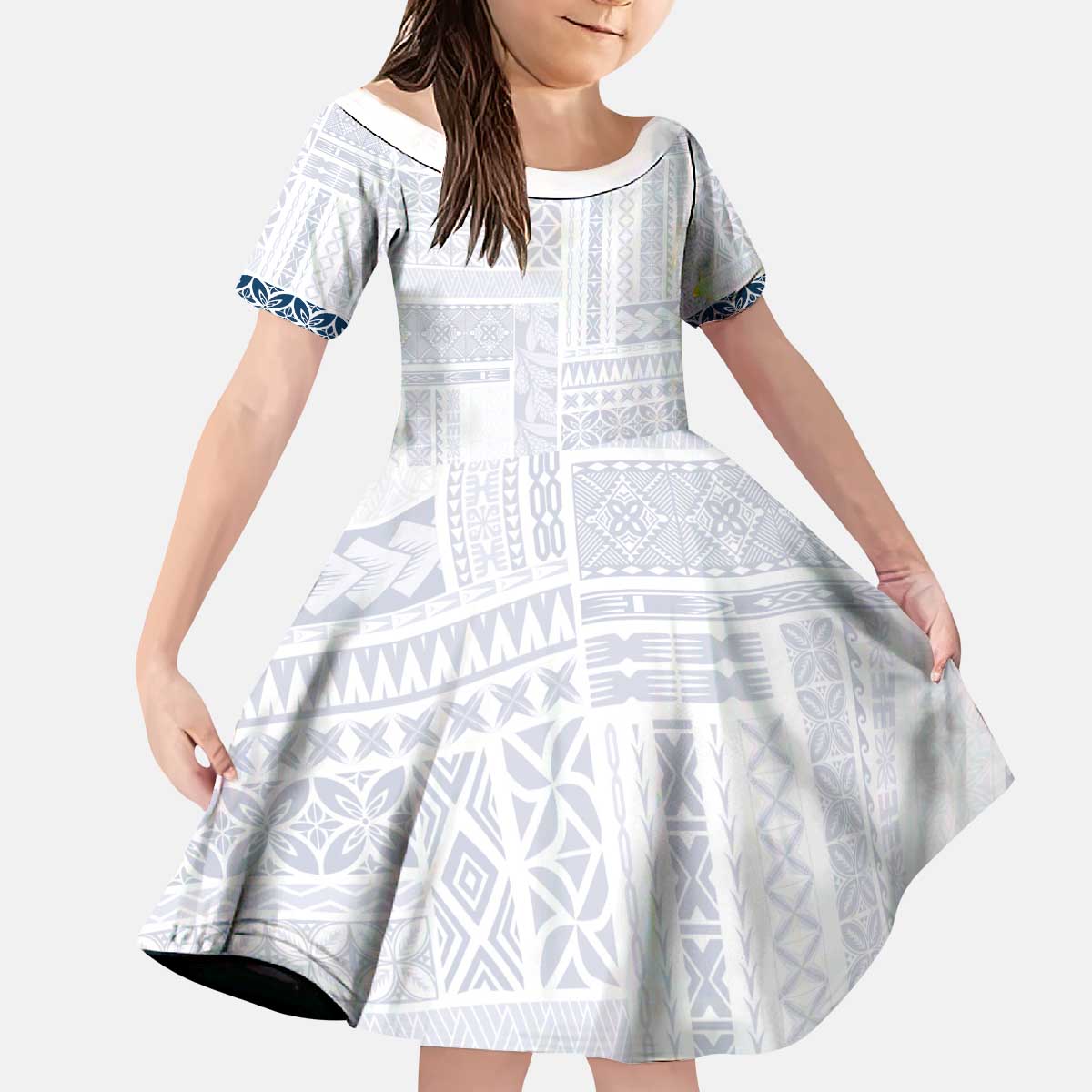 Samoa Siapo Blue Trimmed Kid Short Sleeve Dress Samoa White Sunday LT01 KID Blue - Polynesian Pride