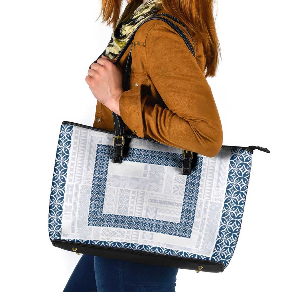 Samoa Siapo Blue Trimmed Leather Tote Bag Samoa White Sunday LT01 Blue - Polynesian Pride