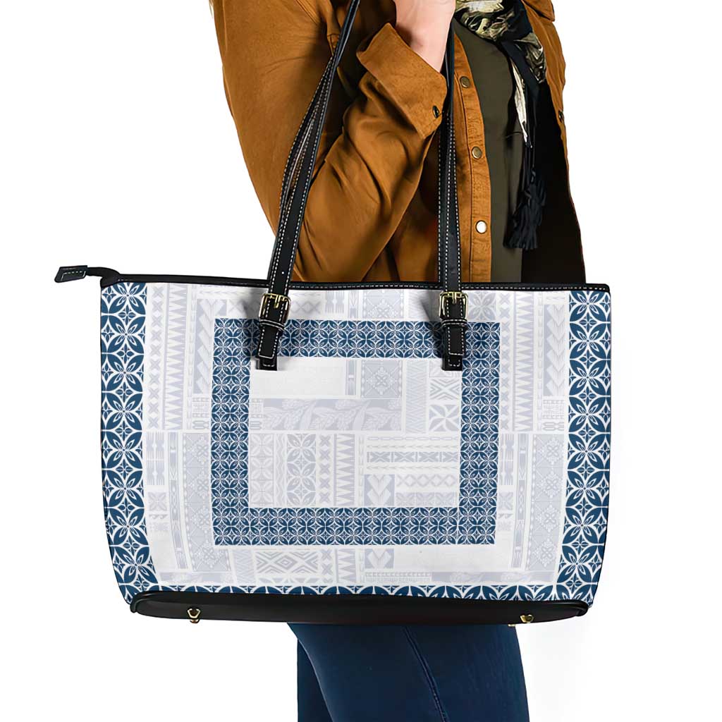 Samoa Siapo Blue Trimmed Leather Tote Bag Samoa White Sunday LT01 - Polynesian Pride