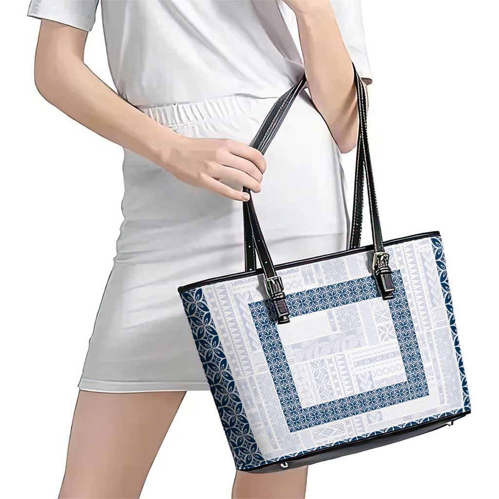 Samoa Siapo Blue Trimmed Leather Tote Bag Samoa White Sunday LT01 - Polynesian Pride