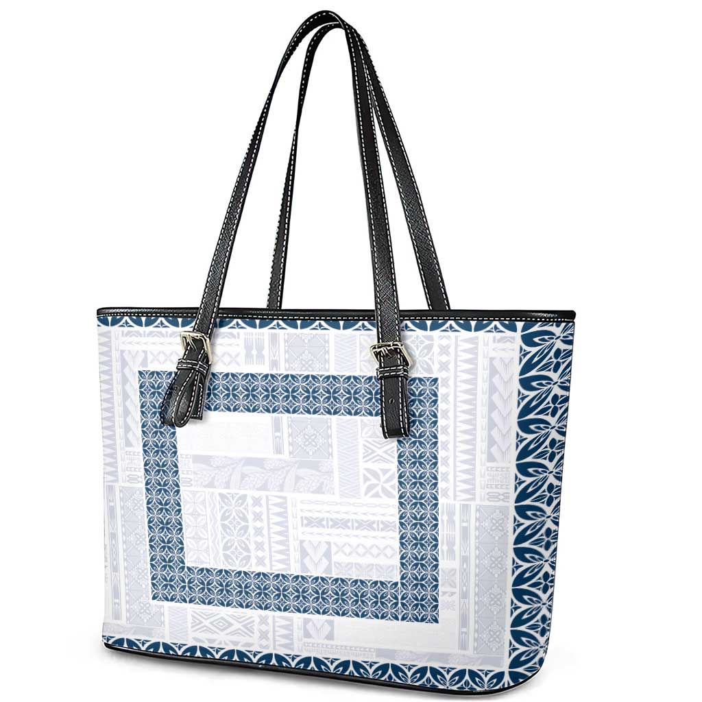 Samoa Siapo Blue Trimmed Leather Tote Bag Samoa White Sunday LT01 - Polynesian Pride