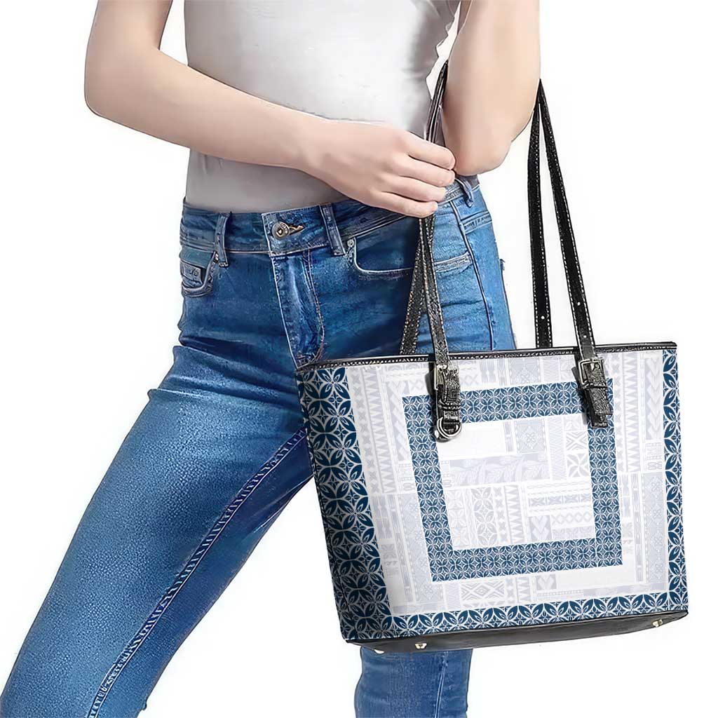 Samoa Siapo Blue Trimmed Leather Tote Bag Samoa White Sunday LT01 - Polynesian Pride