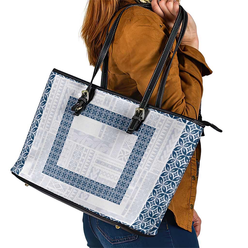 Samoa Siapo Blue Trimmed Leather Tote Bag Samoa White Sunday LT01 - Polynesian Pride