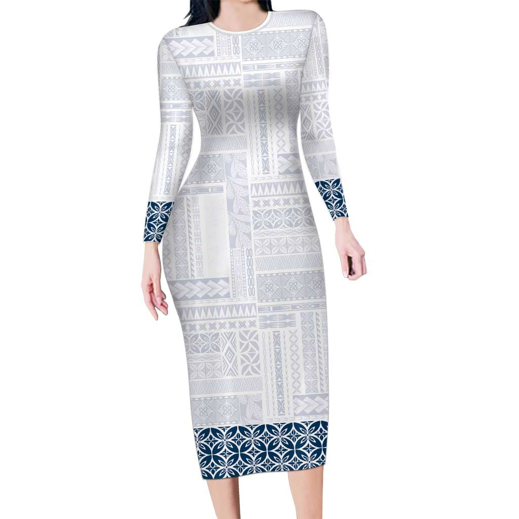 Samoa Siapo Blue Trimmed Long Sleeve Bodycon Dress Samoa White Sunday LT01 Long Dress Blue - Polynesian Pride