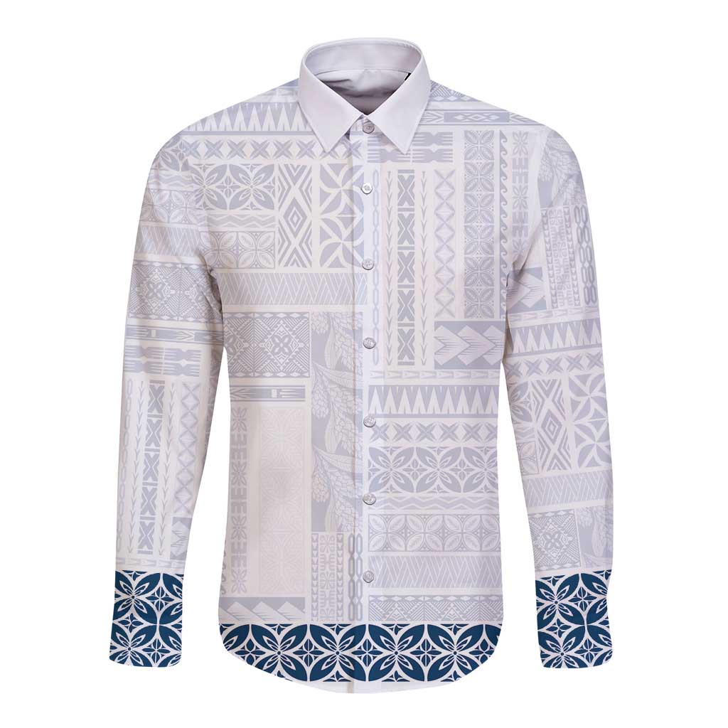 Samoa Siapo Blue Trimmed Long Sleeve Button Shirt Samoa White Sunday LT01 Unisex Blue - Polynesian Pride