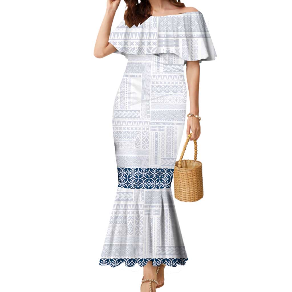 Samoa Siapo Blue Trimmed Mermaid Dress Samoa White Sunday LT01 Women Blue - Polynesian Pride