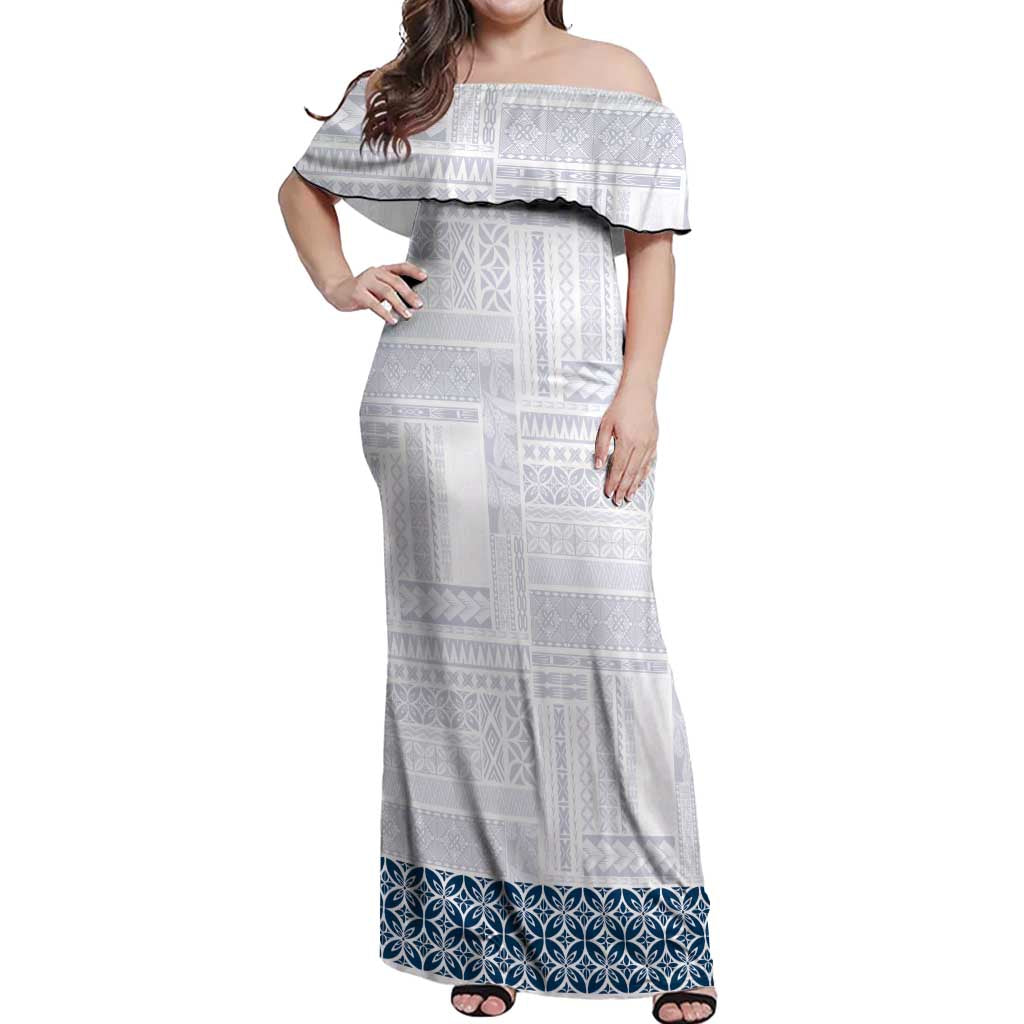Samoa Siapo Blue Trimmed Off Shoulder Maxi Dress Samoa White Sunday LT01 Women Blue - Polynesian Pride