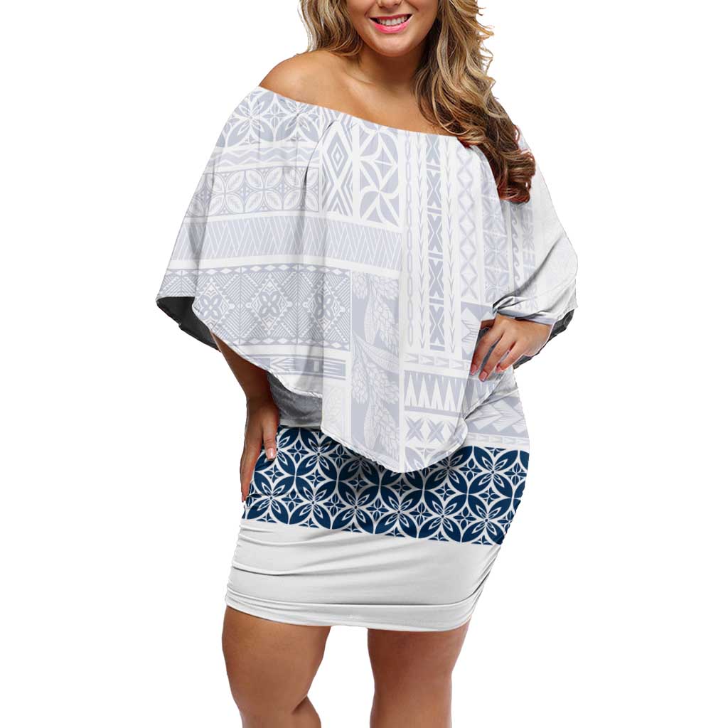 Samoa Siapo Blue Trimmed Off Shoulder Short Dress Samoa White Sunday LT01 Women Blue - Polynesian Pride