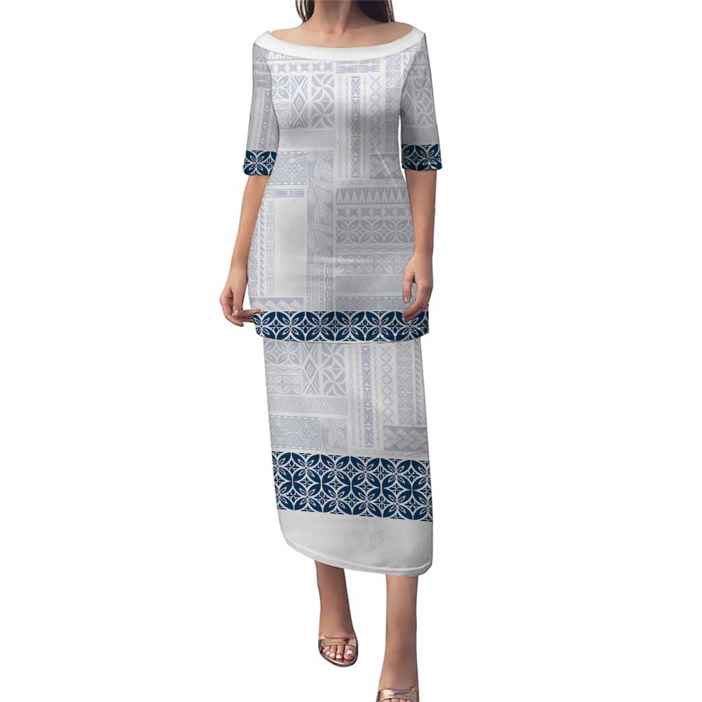 Samoa Siapo Blue Trimmed Puletasi Samoa White Sunday LT01 Long Dress Blue - Polynesian Pride