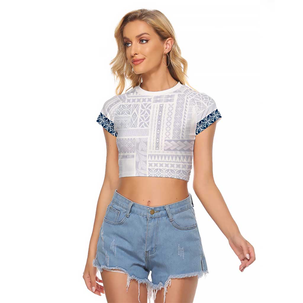 Samoa Siapo Blue Trimmed Raglan Cropped T Shirt Samoa White Sunday LT01 Female Blue - Polynesian Pride