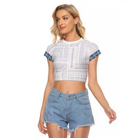 Samoa Siapo Blue Trimmed Raglan Cropped T Shirt Samoa White Sunday LT01 Female Blue - Polynesian Pride