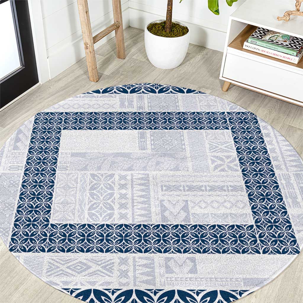 Samoa Siapo Blue Trimmed Round Carpet Samoa White Sunday LT01 Blue - Polynesian Pride