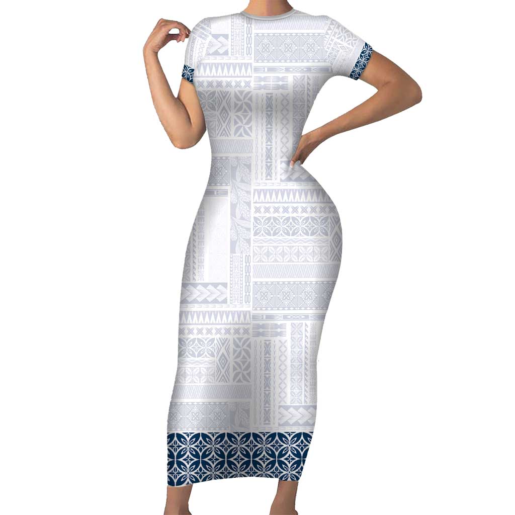 Samoa Siapo Blue Trimmed Short Sleeve Bodycon Dress Samoa White Sunday LT01 Long Dress Blue - Polynesian Pride