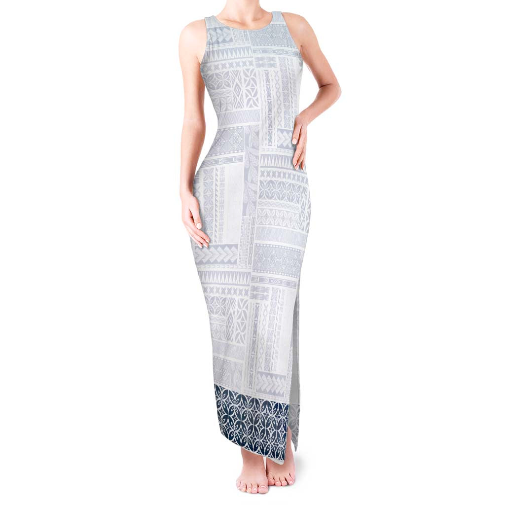 Samoa Siapo Blue Trimmed Tank Maxi Dress Samoa White Sunday LT01 Women Blue - Polynesian Pride