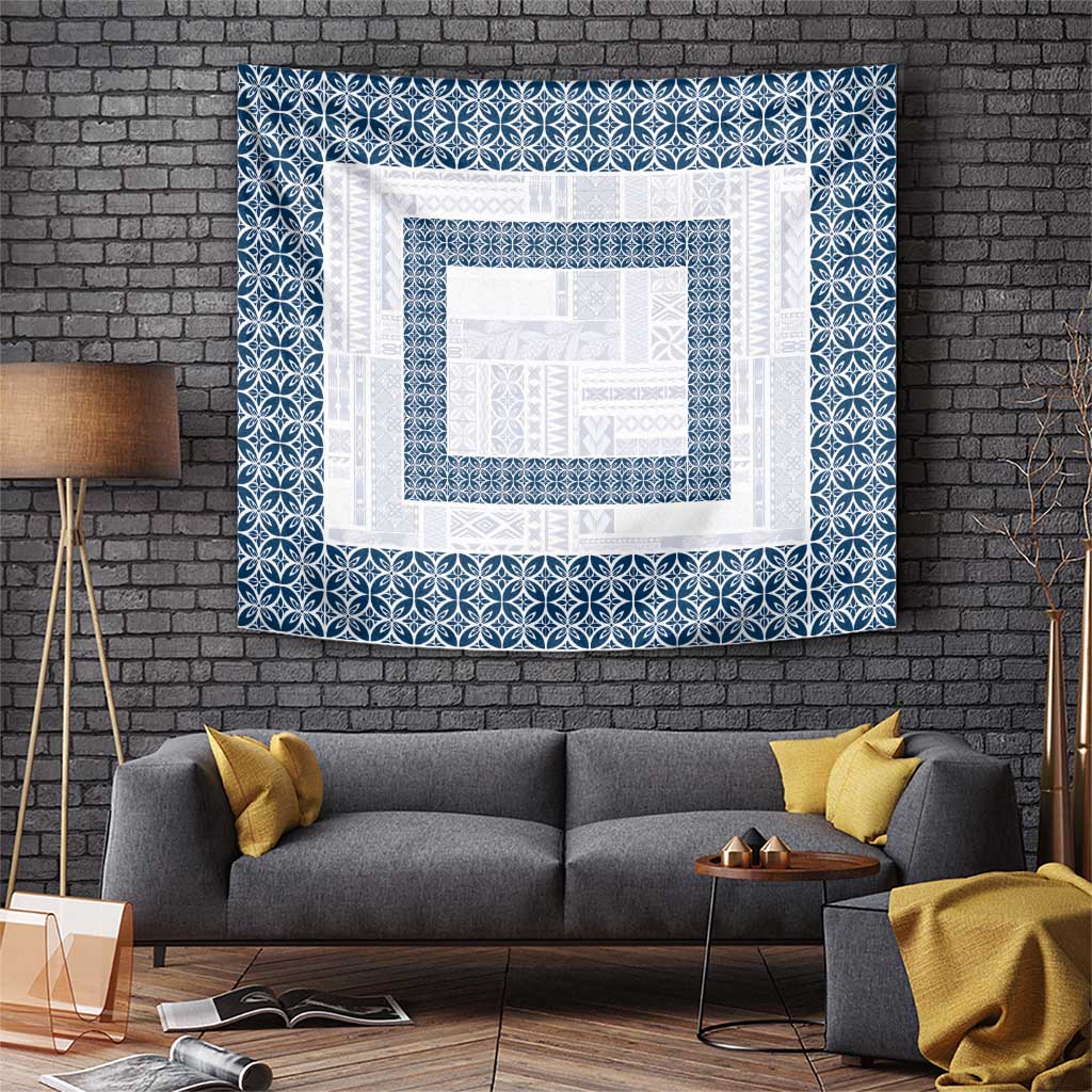Samoa Siapo Blue Trimmed Tapestry Samoa White Sunday LT01 Blue - Polynesian Pride