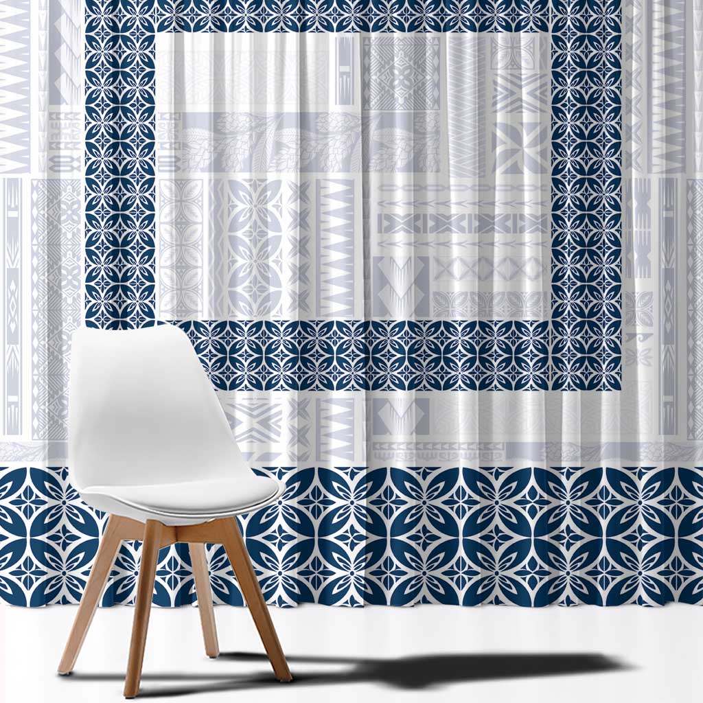 Samoa Siapo Blue Trimmed Window Curtain Samoa White Sunday LT01 - Polynesian Pride