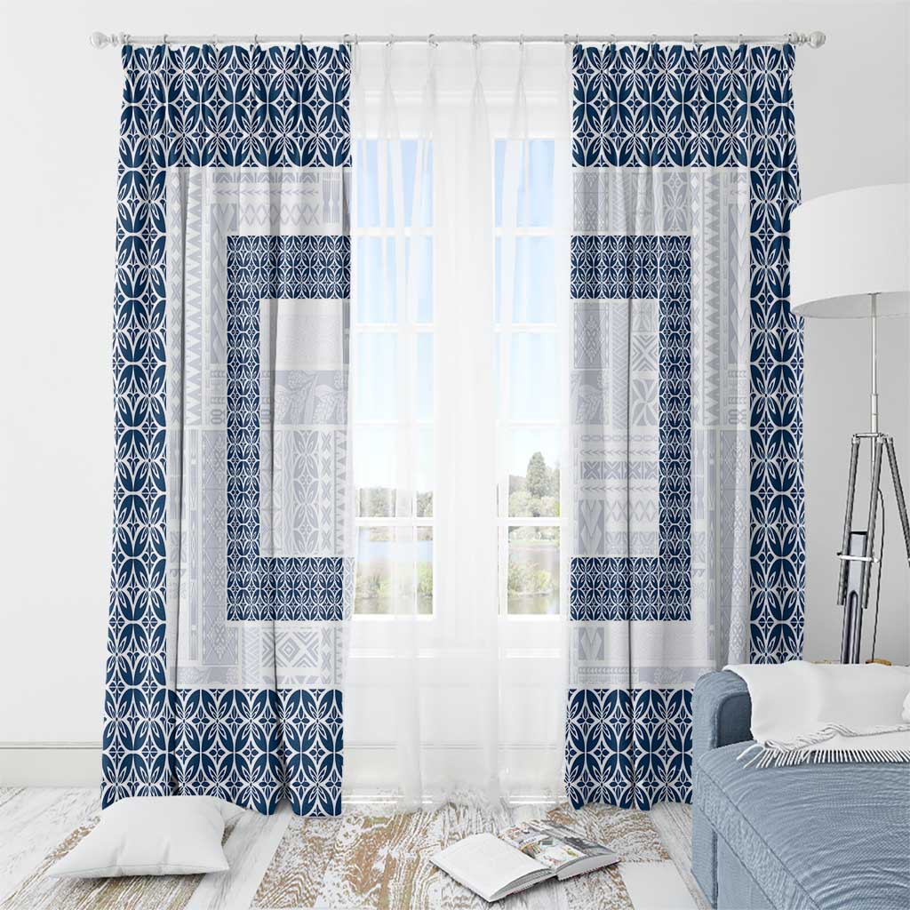 Samoa Siapo Blue Trimmed Window Curtain Samoa White Sunday LT01 - Polynesian Pride