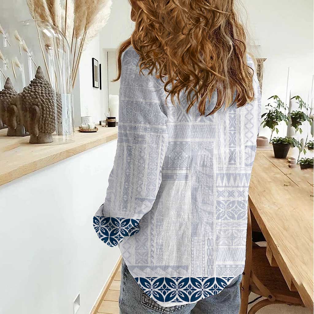 Samoa Siapo Blue Trimmed Women Casual Shirt Samoa White Sunday LT01 - Polynesian Pride