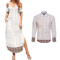Samoa Siapo Brown Trimmed Couples Matching Summer Maxi Dress and Long Sleeve Button Shirt Samoa White Sunday LT01 Brown - Polynesian Pride