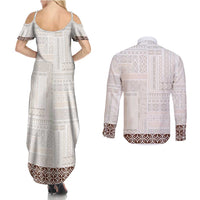 Samoa Siapo Brown Trimmed Couples Matching Summer Maxi Dress and Long Sleeve Button Shirt Samoa White Sunday LT01 - Polynesian Pride