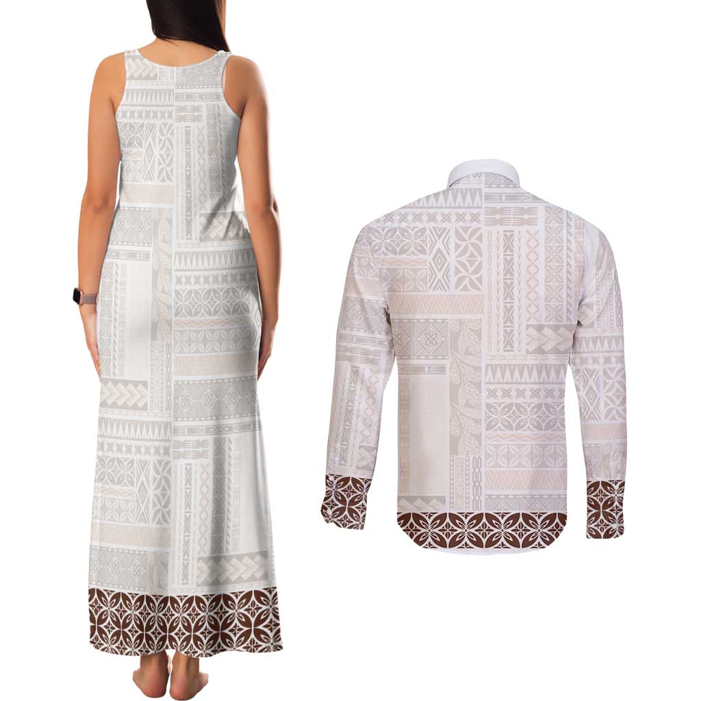Samoa Siapo Brown Trimmed Couples Matching Tank Maxi Dress and Long Sleeve Button Shirt Samoa White Sunday LT01 - Polynesian Pride