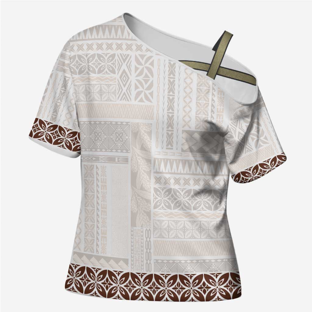 Samoa Siapo Brown Trimmed Cross Shoulder Shirt Samoa White Sunday LT01 Female Brown - Polynesian Pride