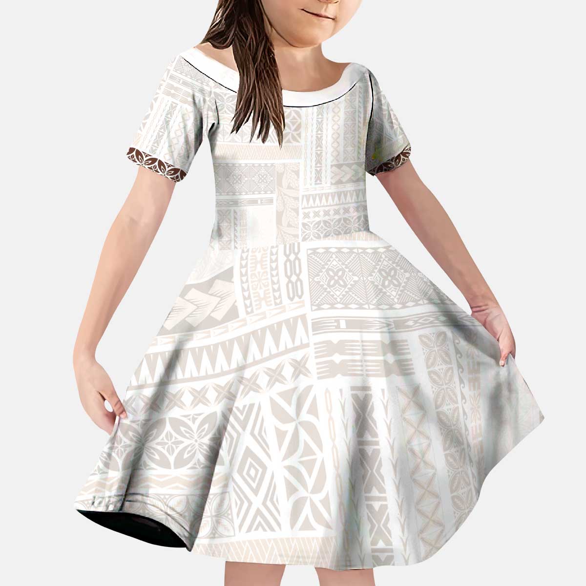 Samoa Siapo Brown Trimmed Kid Short Sleeve Dress Samoa White Sunday LT01 KID Brown - Polynesian Pride