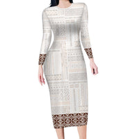 Samoa Siapo Brown Trimmed Long Sleeve Bodycon Dress Samoa White Sunday LT01 Long Dress Brown - Polynesian Pride