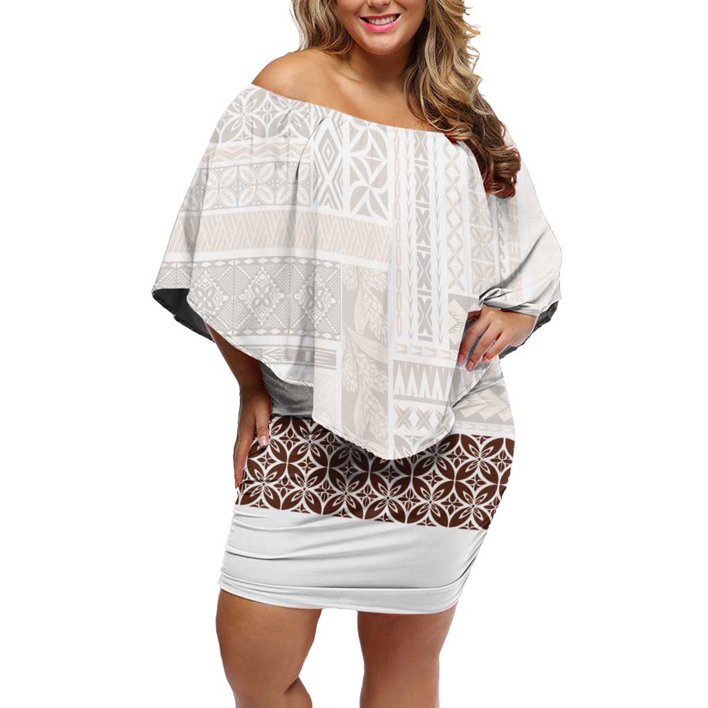 Samoa Siapo Brown Trimmed Off Shoulder Short Dress Samoa White Sunday LT01 Women Brown - Polynesian Pride
