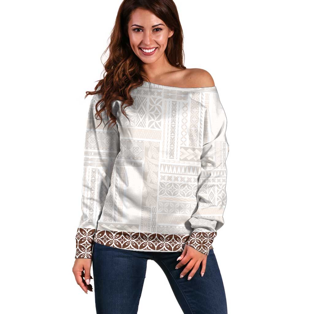 Samoa Siapo Brown Trimmed Off Shoulder Sweater Samoa White Sunday LT01 Women Brown - Polynesian Pride