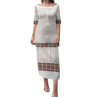Samoa Siapo Brown Trimmed Puletasi Samoa White Sunday LT01 Long Dress Brown - Polynesian Pride