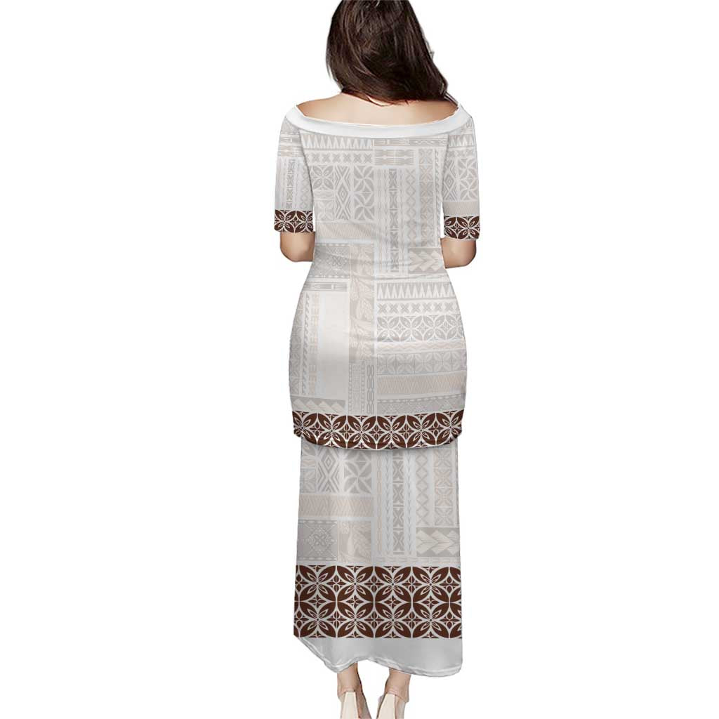 Samoa Siapo Brown Trimmed Puletasi Samoa White Sunday LT01 - Polynesian Pride