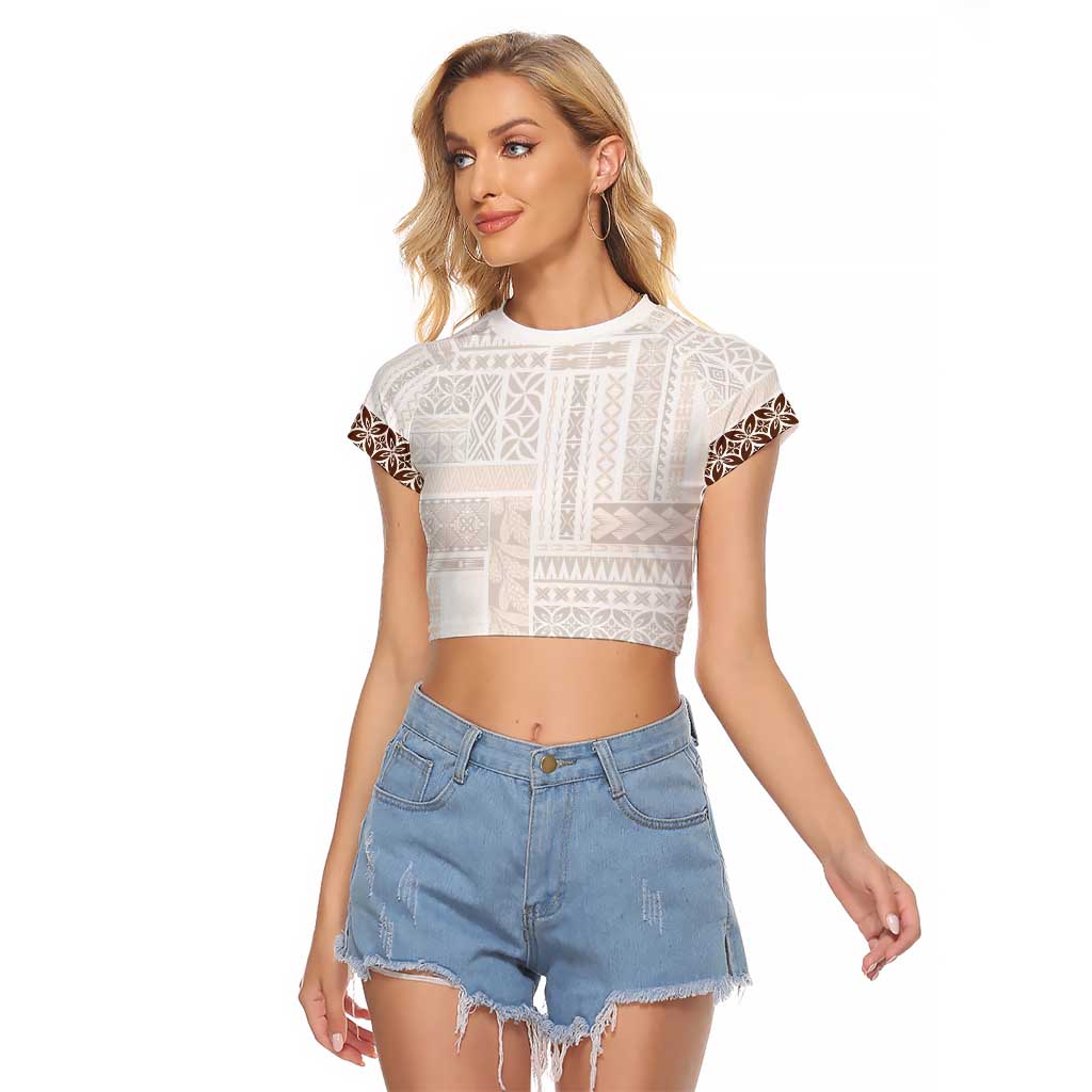 Samoa Siapo Brown Trimmed Raglan Cropped T Shirt Samoa White Sunday LT01 Female Brown - Polynesian Pride