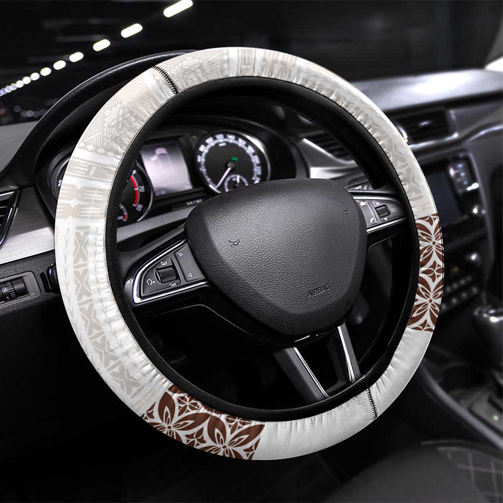 Samoa Siapo Brown Trimmed Steering Wheel Cover Samoa White Sunday LT01 Universal Fit Brown - Polynesian Pride