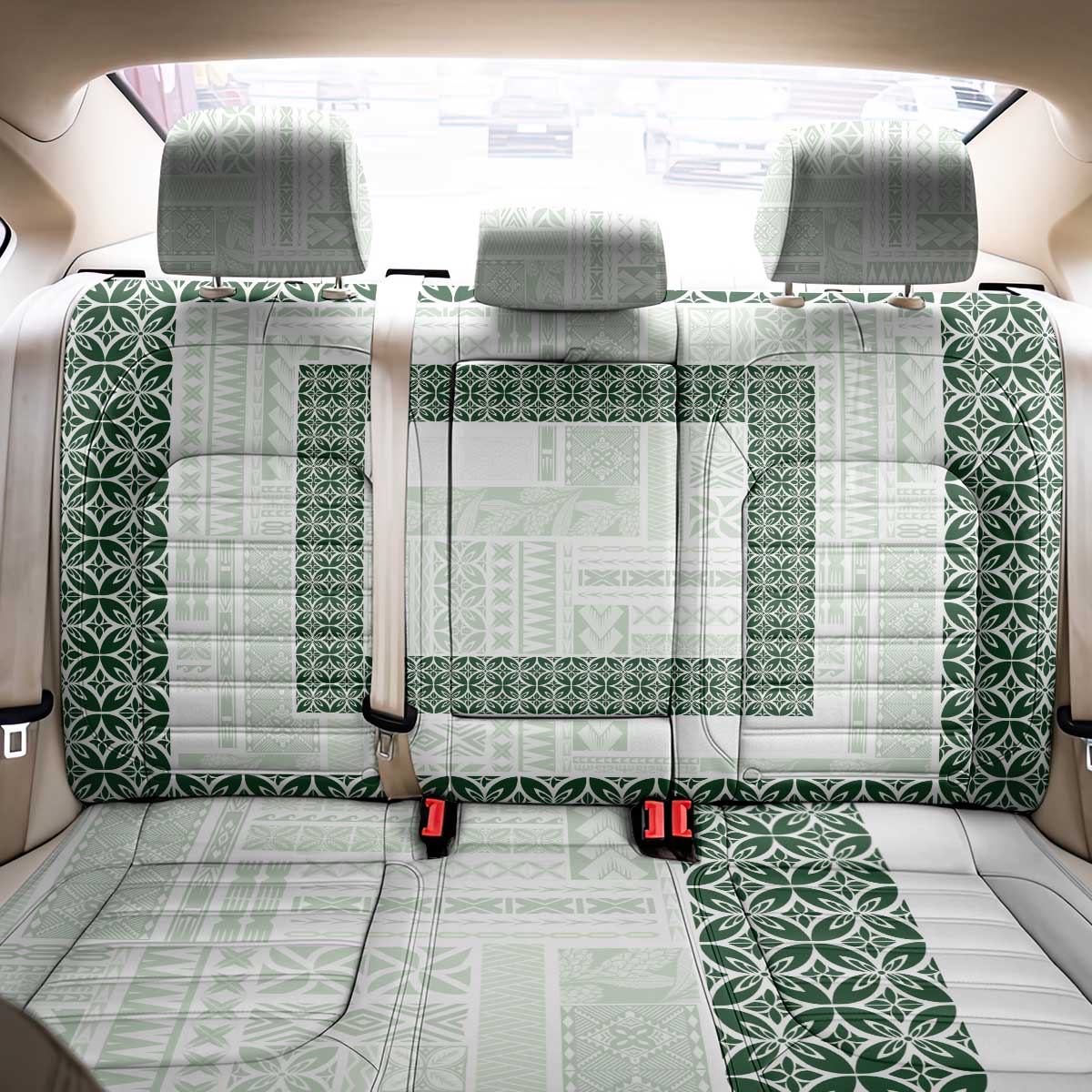 Samoa Siapo Green Trimmed Back Car Seat Cover Samoa White Sunday LT01 - Polynesian Pride