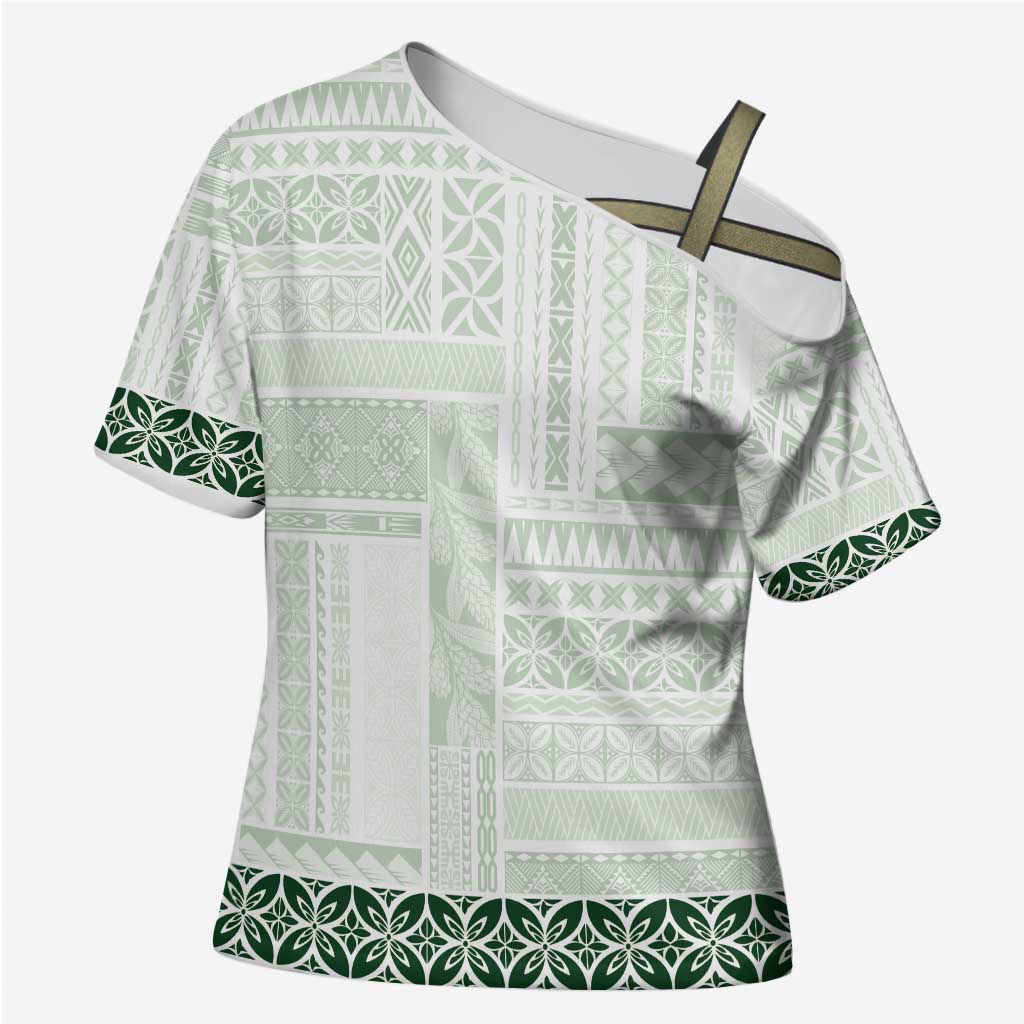 Samoa Siapo Green Trimmed Cross Shoulder Shirt Samoa White Sunday LT01 Female Green - Polynesian Pride