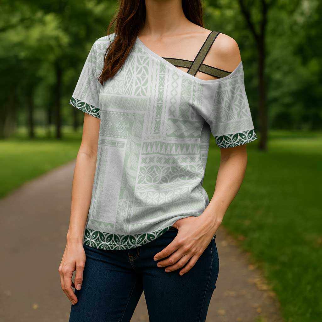 Samoa Siapo Green Trimmed Cross Shoulder Shirt Samoa White Sunday LT01 - Polynesian Pride