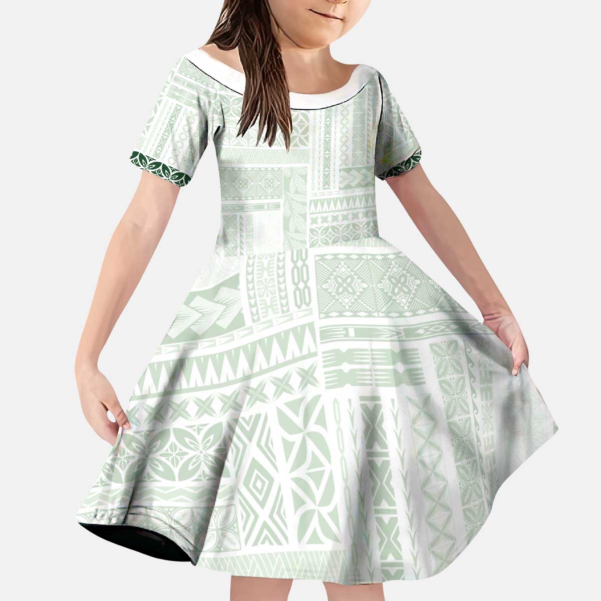 Samoa Siapo Green Trimmed Kid Short Sleeve Dress Samoa White Sunday LT01 KID Green - Polynesian Pride