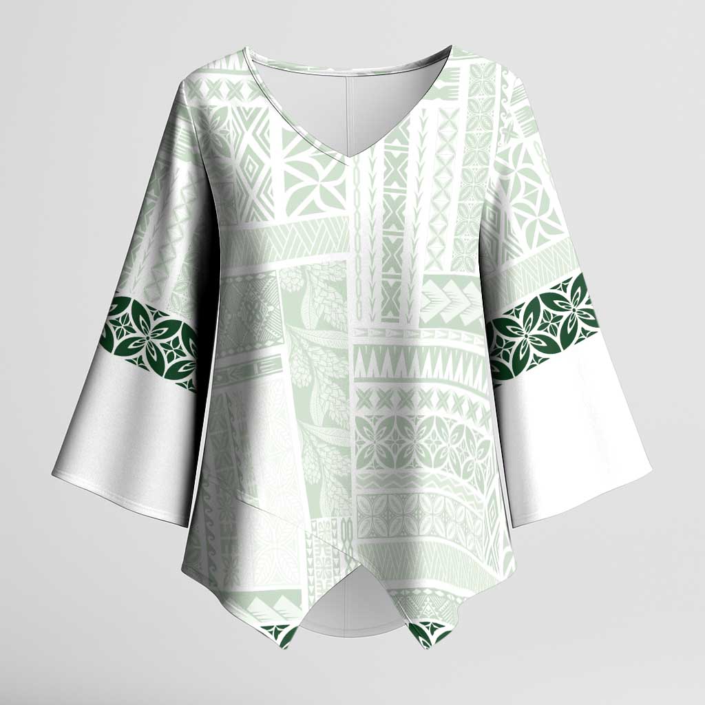 Samoa Siapo Green Trimmed Kimono Sleeve Blouse Samoa White Sunday LT01 Female Green - Polynesian Pride