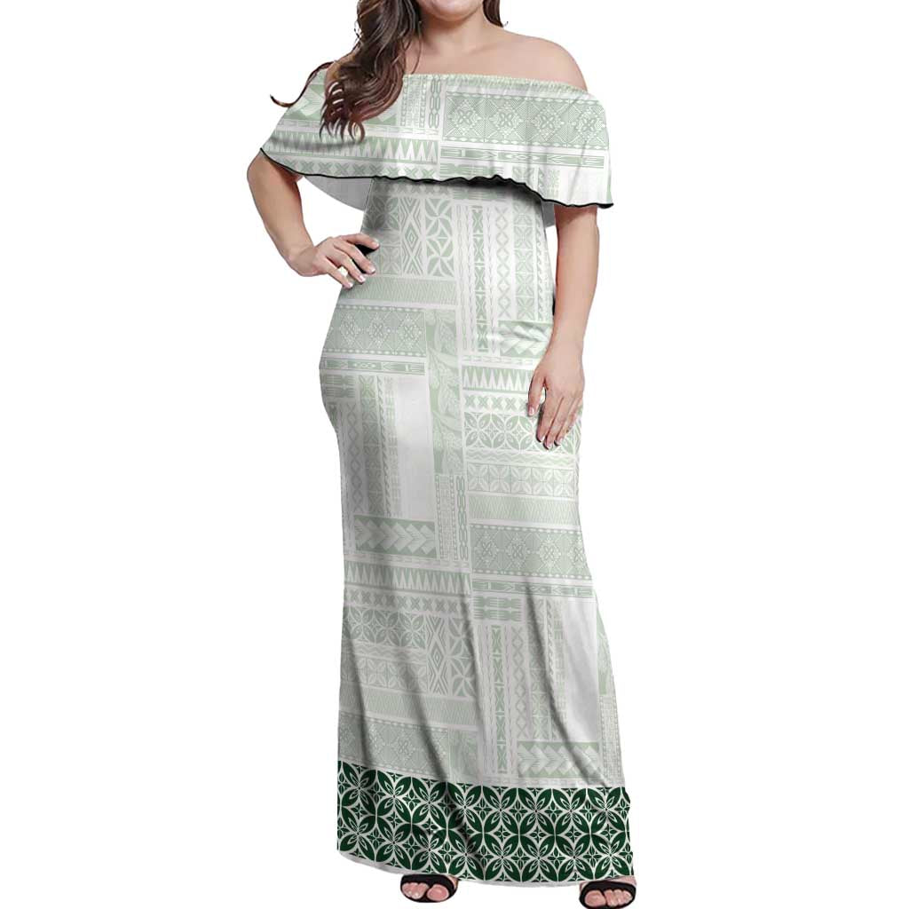 Samoa Siapo Green Trimmed Off Shoulder Maxi Dress Samoa White Sunday LT01 Women Green - Polynesian Pride