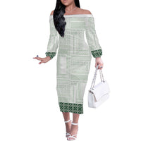 Samoa Siapo Green Trimmed Off The Shoulder Long Sleeve Dress Samoa White Sunday LT01 Women Green - Polynesian Pride