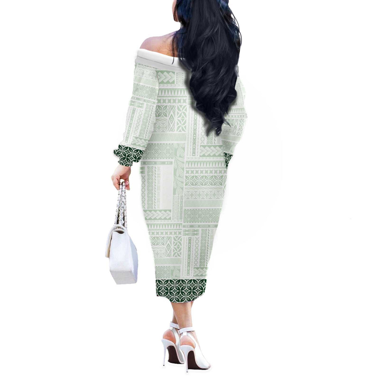 Samoa Siapo Green Trimmed Off The Shoulder Long Sleeve Dress Samoa White Sunday LT01 - Polynesian Pride
