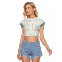 Samoa Siapo Green Trimmed Raglan Cropped T Shirt Samoa White Sunday LT01 Female Green - Polynesian Pride