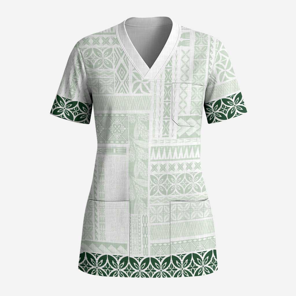 Samoa Siapo Green Trimmed Scrub Top Samoa White Sunday LT01 Adult Green - Polynesian Pride